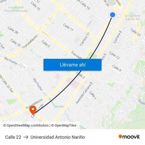 Calle 22 to Universidad Antonio Nariño map