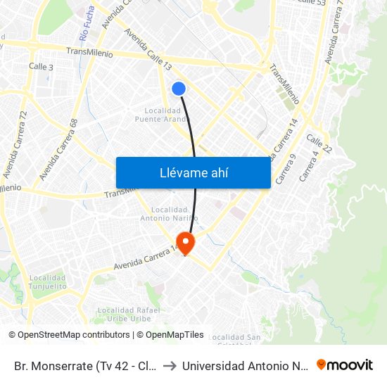 Br. Monserrate (Tv 42 - Cl 11a) to Universidad Antonio Nariño map