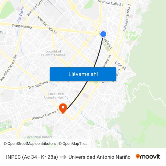 INPEC (Ac 34 - Kr 28a) to Universidad Antonio Nariño map