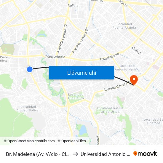 Br. Madelena (Av. V/cio - Cl 63 Sur) to Universidad Antonio Nariño map