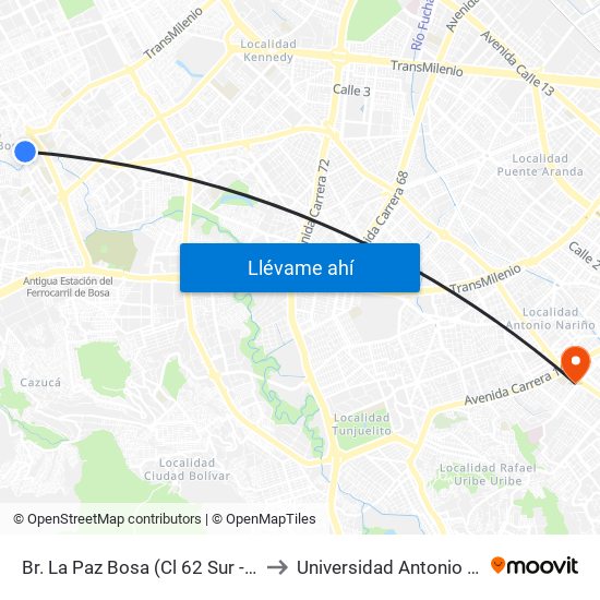 Br. La Paz Bosa (Cl 62 Sur - Kr 82c) to Universidad Antonio Nariño map