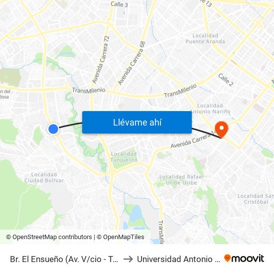 Br. El Ensueño (Av. V/cio - Tv 63) (A) to Universidad Antonio Nariño map