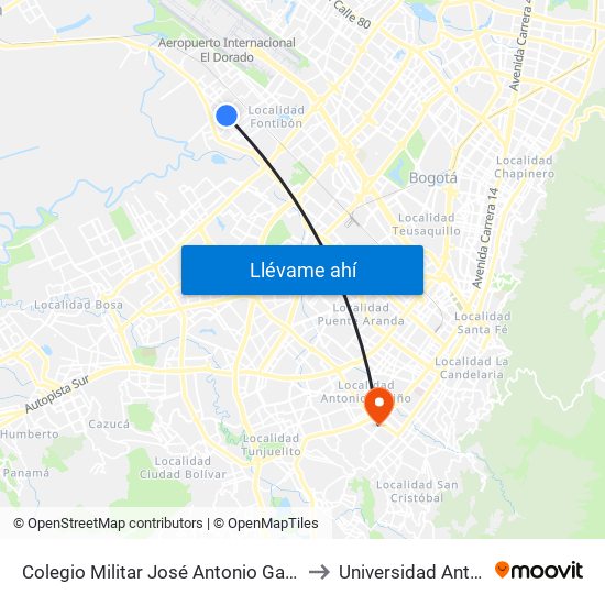 Colegio Militar José Antonio Galán (Cl 17 - Kr 103b) to Universidad Antonio Nariño map