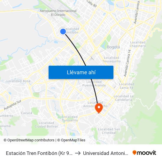 Estación Tren Fontibón (Kr 99 - Cl 20c) to Universidad Antonio Nariño map