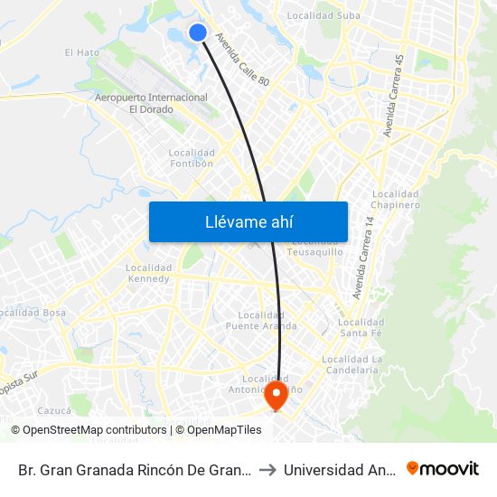 Br. Gran Granada Rincón De Granada (Dg 77b - Tv 119a) to Universidad Antonio Nariño map