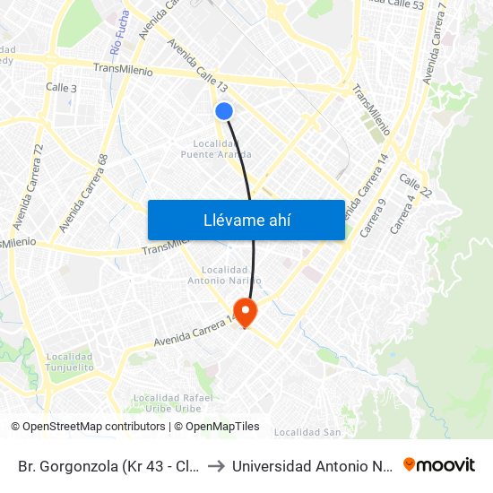 Br. Gorgonzola (Kr 43 - Cl 10a) to Universidad Antonio Nariño map