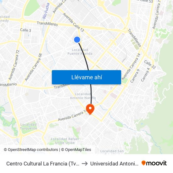 Centro Cultural La Francia (Tv 43b - Cl 5f) to Universidad Antonio Nariño map