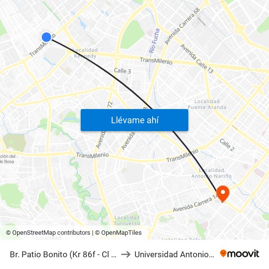 Br. Patio Bonito (Kr 86f - Cl 35b Sur) to Universidad Antonio Nariño map