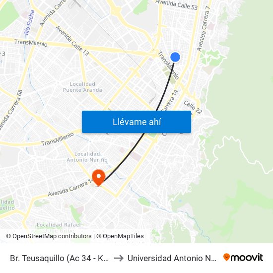 Br. Teusaquillo (Ac 34 - Kr 20) to Universidad Antonio Nariño map