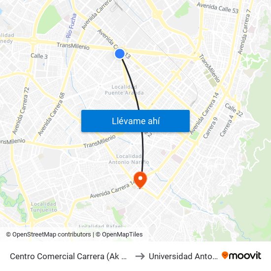 Centro Comercial Carrera (Ak 50 - Av. Américas) to Universidad Antonio Nariño map