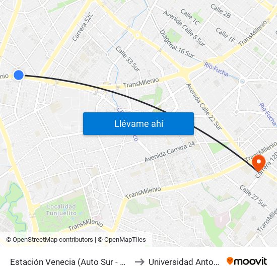 Estación Venecia (Auto Sur - Cl 44 Bis A Sur) to Universidad Antonio Nariño map