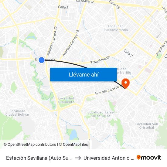 Estación Sevillana (Auto Sur - Kr 57) to Universidad Antonio Nariño map