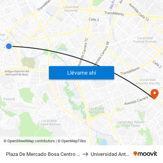 Plaza De Mercado Bosa Centro (Cl 63 Sur - Kr 80h) to Universidad Antonio Nariño map
