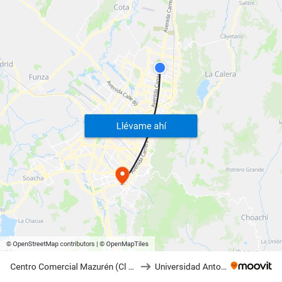 Centro Comercial Mazurén (Cl 152 - Auto Norte) to Universidad Antonio Nariño map