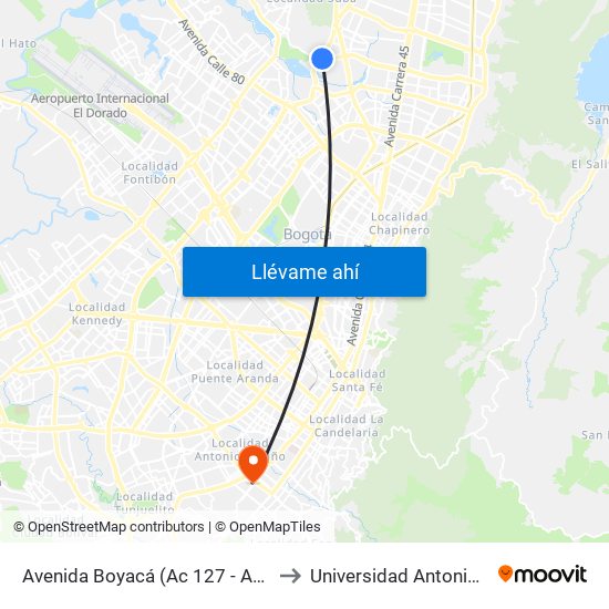 Avenida Boyacá (Ac 127 - Av. Boyacá) to Universidad Antonio Nariño map