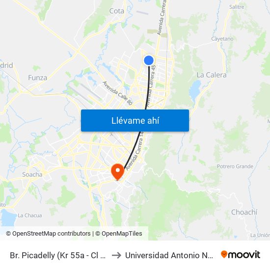Br. Picadelly (Kr 55a - Cl 163) to Universidad Antonio Nariño map