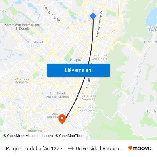 Parque Córdoba (Ac 127 - Kr 54) to Universidad Antonio Nariño map