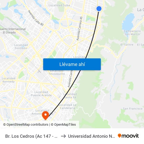 Br. Los Cedros (Ac 147 - Kr 7f) to Universidad Antonio Nariño map