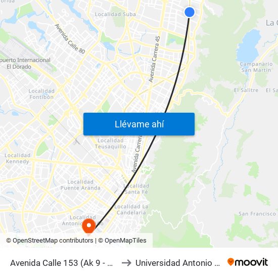 Avenida Calle 153 (Ak 9 - Ac 153) to Universidad Antonio Nariño map