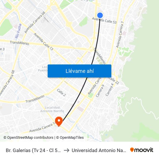 Br. Galerías (Tv 24 - Cl 53b) to Universidad Antonio Nariño map