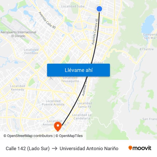 Calle 142 (Lado Sur) to Universidad Antonio Nariño map