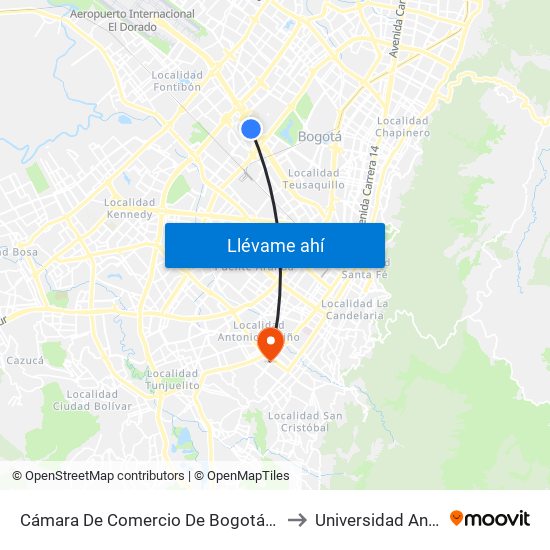 Cámara De Comercio De Bogotá - Salitre (Ac 26 - Kr 69) to Universidad Antonio Nariño map