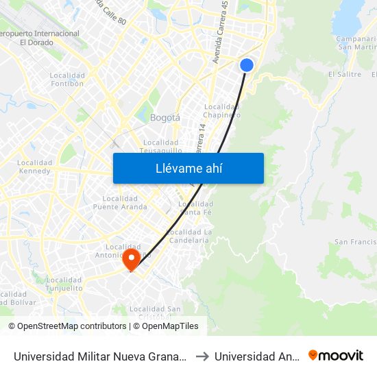 Universidad Militar Nueva Granada (Ac 100 - Kr 10) (A) to Universidad Antonio Nariño map