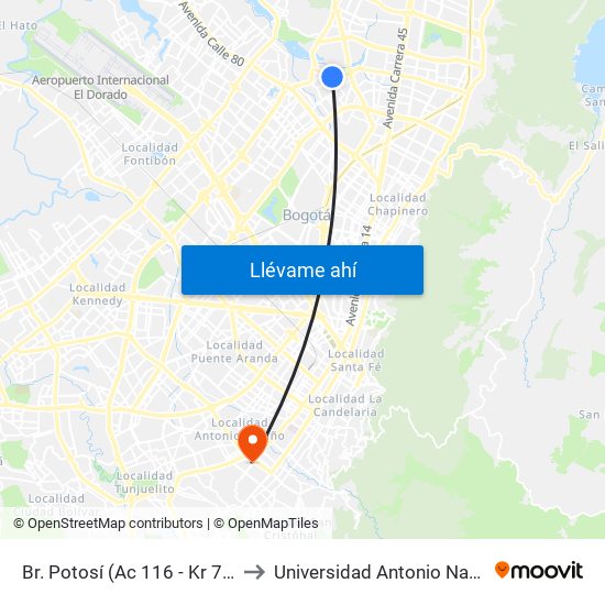 Br. Potosí (Ac 116 - Kr 70h) to Universidad Antonio Nariño map