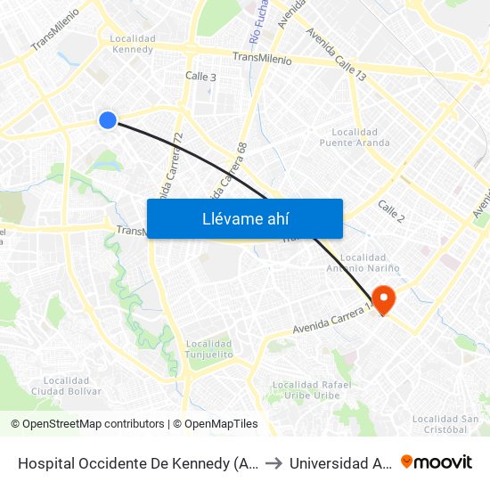 Hospital Occidente De Kennedy (Av. 1 De Mayo - Cl 40b Sur) (B) to Universidad Antonio Nariño map