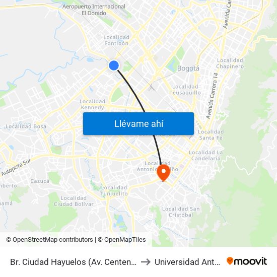 Br. Ciudad Hayuelos (Av. Centenario - Av. C. De Cali) to Universidad Antonio Nariño map