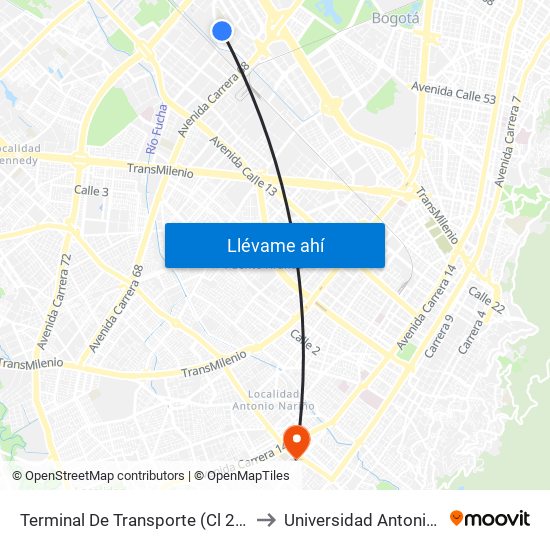 Terminal De Transporte (Cl 22c - Kr 68f) to Universidad Antonio Nariño map