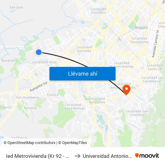 Ied Metrovivienda (Kr 92 - Cl 72 Sur) to Universidad Antonio Nariño map