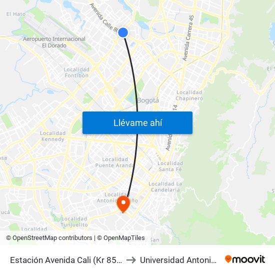 Estación Avenida Cali (Kr 85a - Ac 80) to Universidad Antonio Nariño map