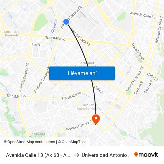 Avenida Calle 13 (Ak 68 - Ac 13) (A) to Universidad Antonio Nariño map