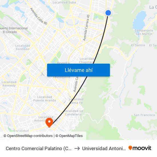 Centro Comercial Palatino (Cl 140 - Ak 7) to Universidad Antonio Nariño map