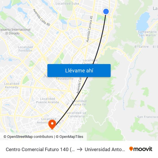 Centro Comercial Futuro 140 (Cl 140 - Kr 11) to Universidad Antonio Nariño map