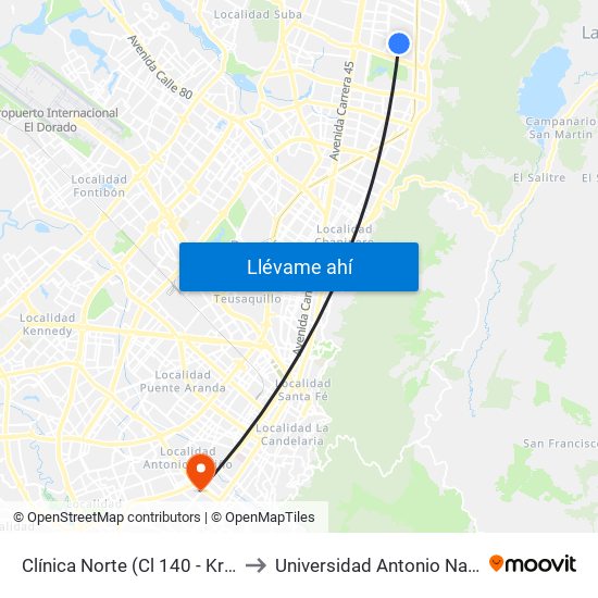 Clínica Norte (Cl 140 - Kr 12) to Universidad Antonio Nariño map