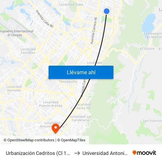 Urbanización Cedritos (Cl 140 - Kr 13) to Universidad Antonio Nariño map