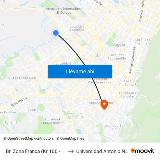 Br. Zona Franca (Kr 106 - Cl 14) to Universidad Antonio Nariño map