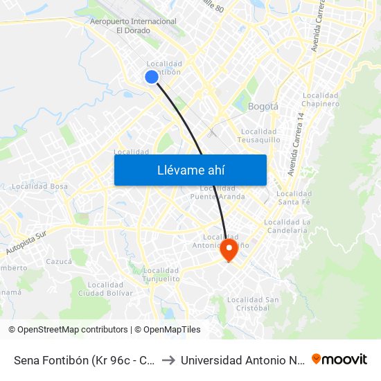 Sena Fontibón (Kr 96c - Cl 20a) to Universidad Antonio Nariño map