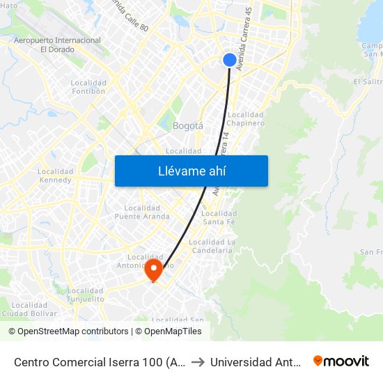 Centro Comercial Iserra 100 (Ac 100 - Kr 54) (A) to Universidad Antonio Nariño map