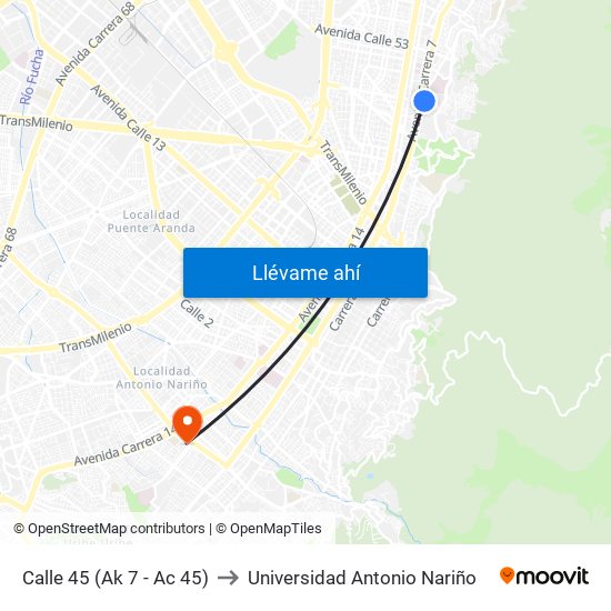 Calle 45 (Ak 7 - Ac 45) to Universidad Antonio Nariño map