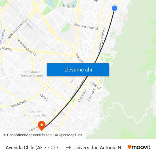 Avenida Chile (Ak 7 - Cl 71) (A) to Universidad Antonio Nariño map