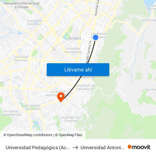 Universidad Pedagógica (Ac 72 - Kr 10) to Universidad Antonio Nariño map