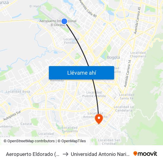 Aeropuerto Eldorado (B) to Universidad Antonio Nariño map