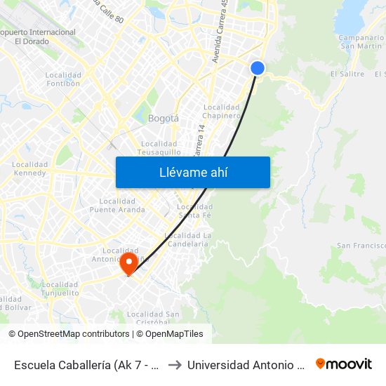 Escuela Caballería (Ak 7 - Cl 100) to Universidad Antonio Nariño map