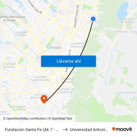 Fundación Santa Fe (Ak 7 - Cl 118) (A) to Universidad Antonio Nariño map