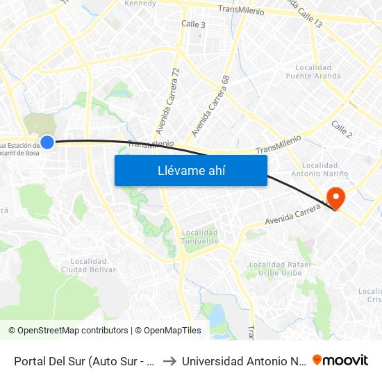 Portal Del Sur (Auto Sur - Kr 74) to Universidad Antonio Nariño map