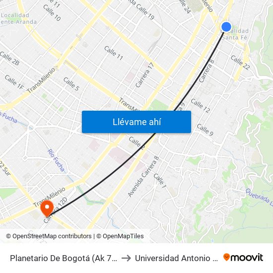 Planetario De Bogotá (Ak 7 - Cl 27) to Universidad Antonio Nariño map