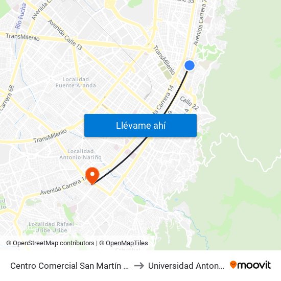 Centro Comercial San Martín (Ak 7 - Cl 32) to Universidad Antonio Nariño map
